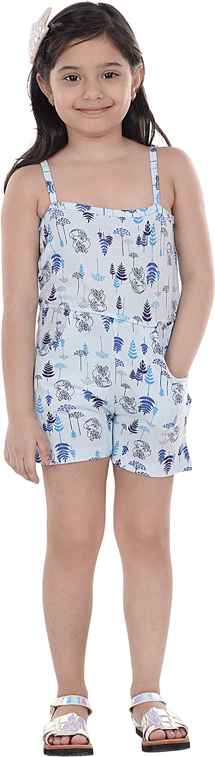 RHYTHM Kids Jumpsuit All-Over-Printed Spaghetti Square Neck Elastic Waist One Piece Short Romper with Pockets, Light Blue