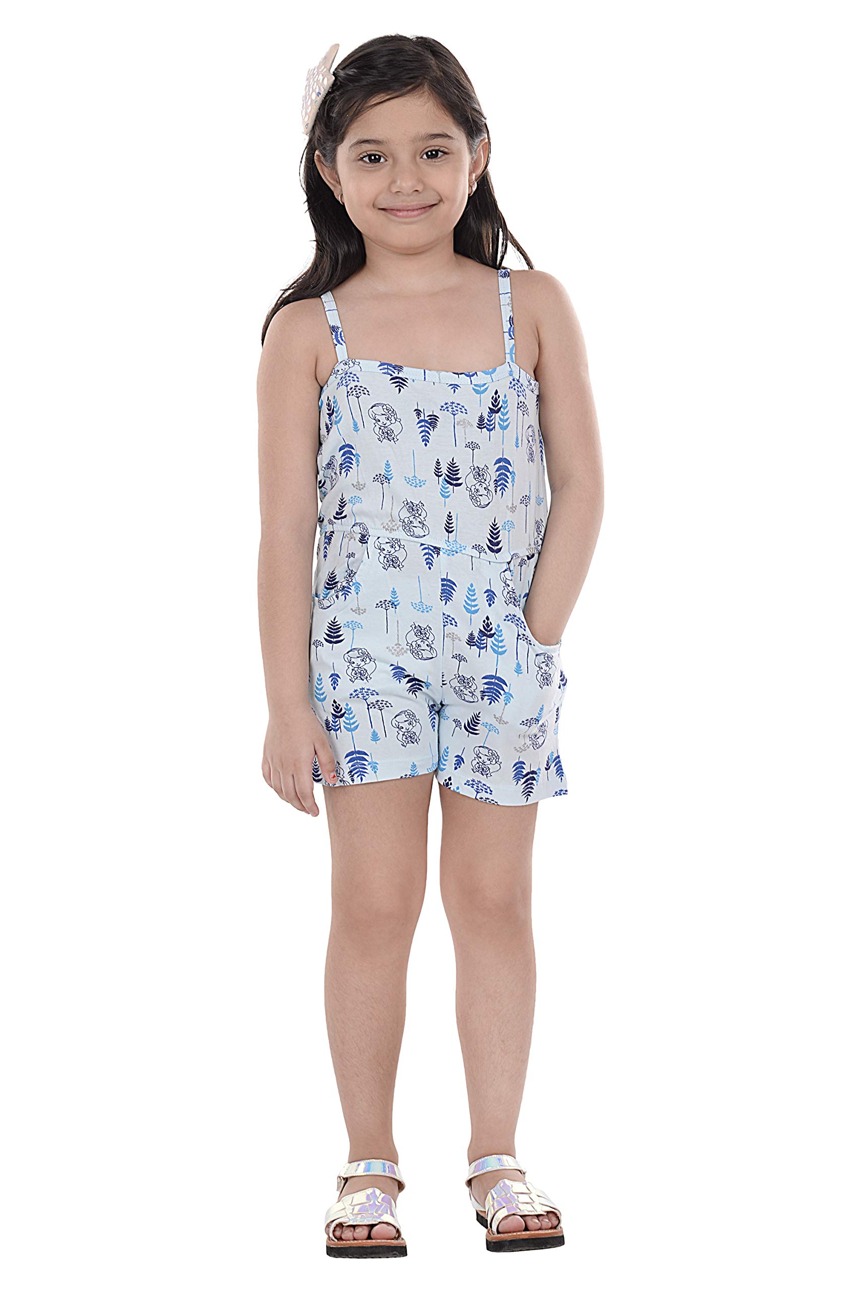RHYTHM Kids Jumpsuit All-Over-Printed Spaghetti Square Neck Elastic Waist One Piece Short Romper with Pockets, Light Blue
