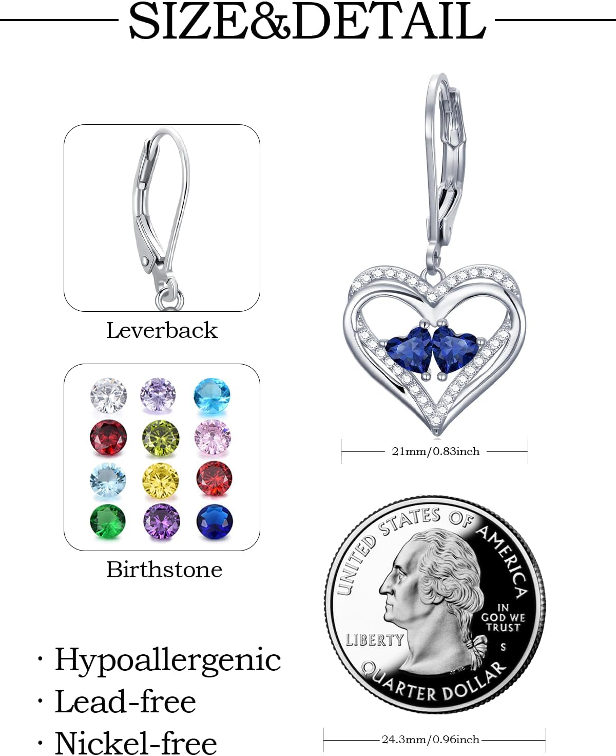 Sapphire Dangle Drop Earrings for Women Heart Leverback Earrings September Birthstone Jewelry Christmas Anniversary Birthday Jewelry Gifts for Her Mother Wife Girlfriend - Image 6