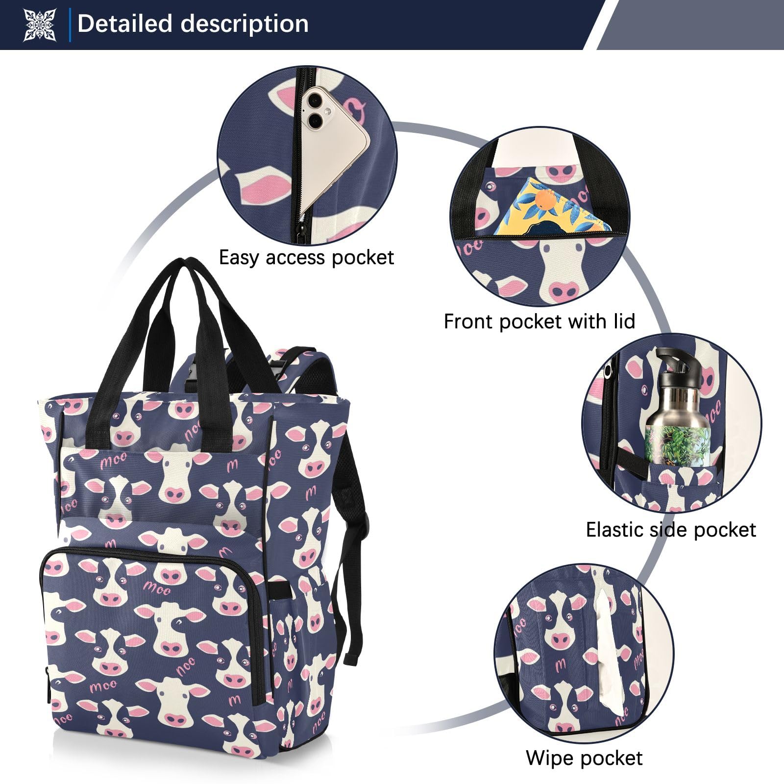 Mnsruu Borsa per pannolini per bambini viola con mucca zaino grande borsa impermeabile da viaggio borse per pannolini per mamme e papà