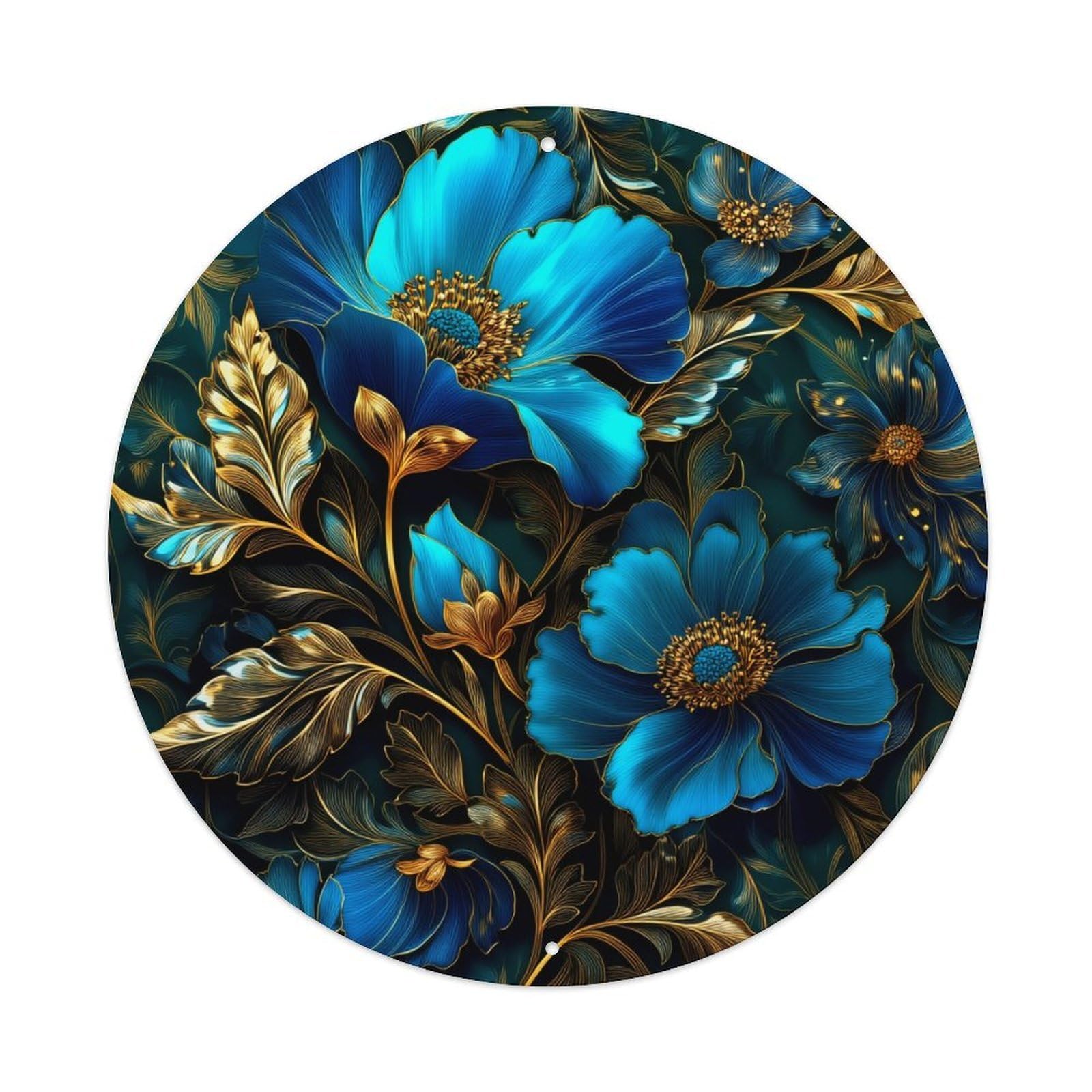 Blue Flowers Gold Leaves Dark Background Round Tin Sign Retro Metal Sign for Cafe Bar Pub Home Game Room Gym Club Wall Decoration Vintage Metal Poster 8x8 Inch