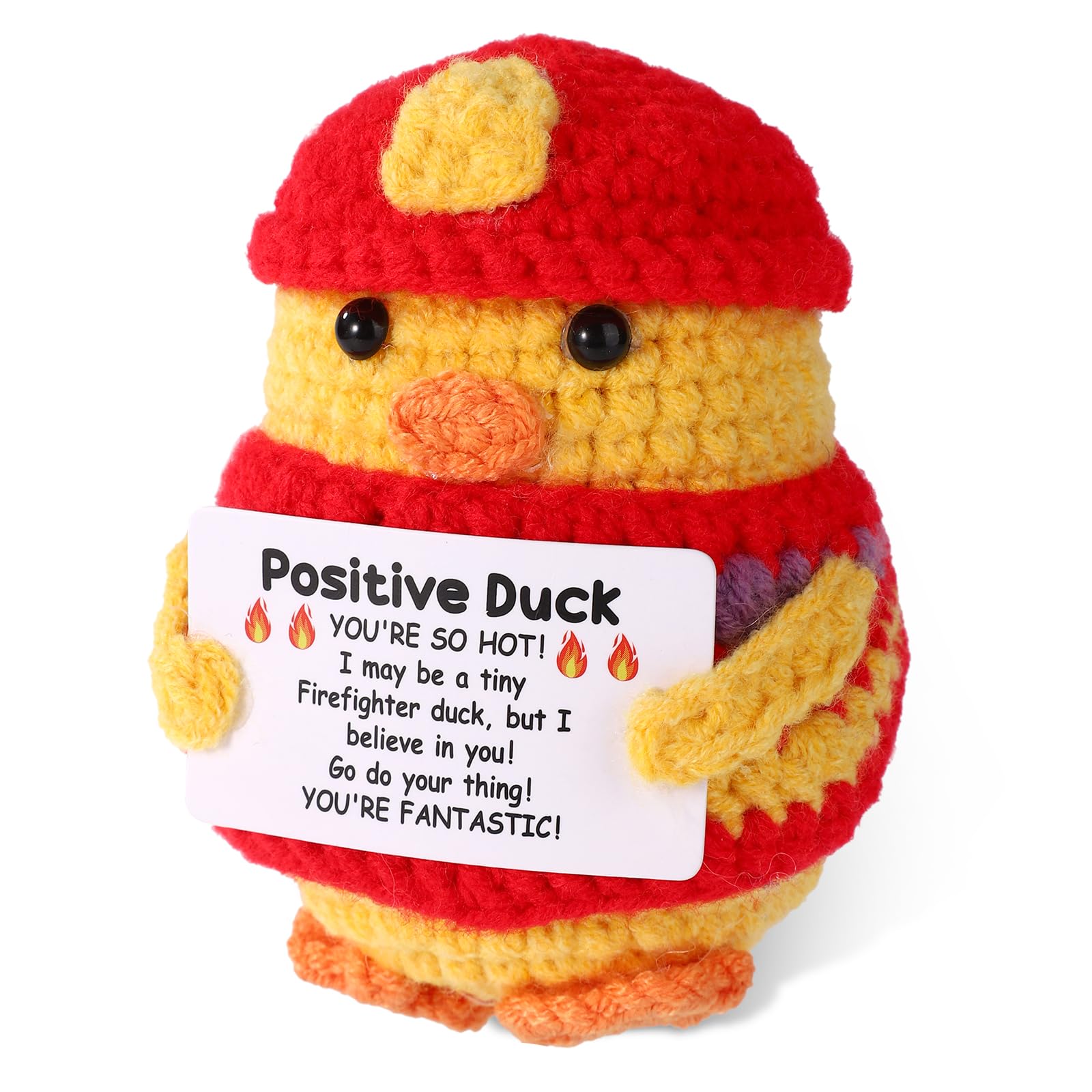 TOYMIS Positive Duck Crochet, 3.15in Firefighter Image Handmade Positive Support Animal Doll Funny Knitted Crochet Potato Duck with Inspirational Card Emotional Gift Decoration