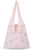 Hoohnnaa Crochet Tote Bag for Women - Pink Bow Beach Mesh Shoulder Bag, Lightweight Travel Hobo Tote 14x22in