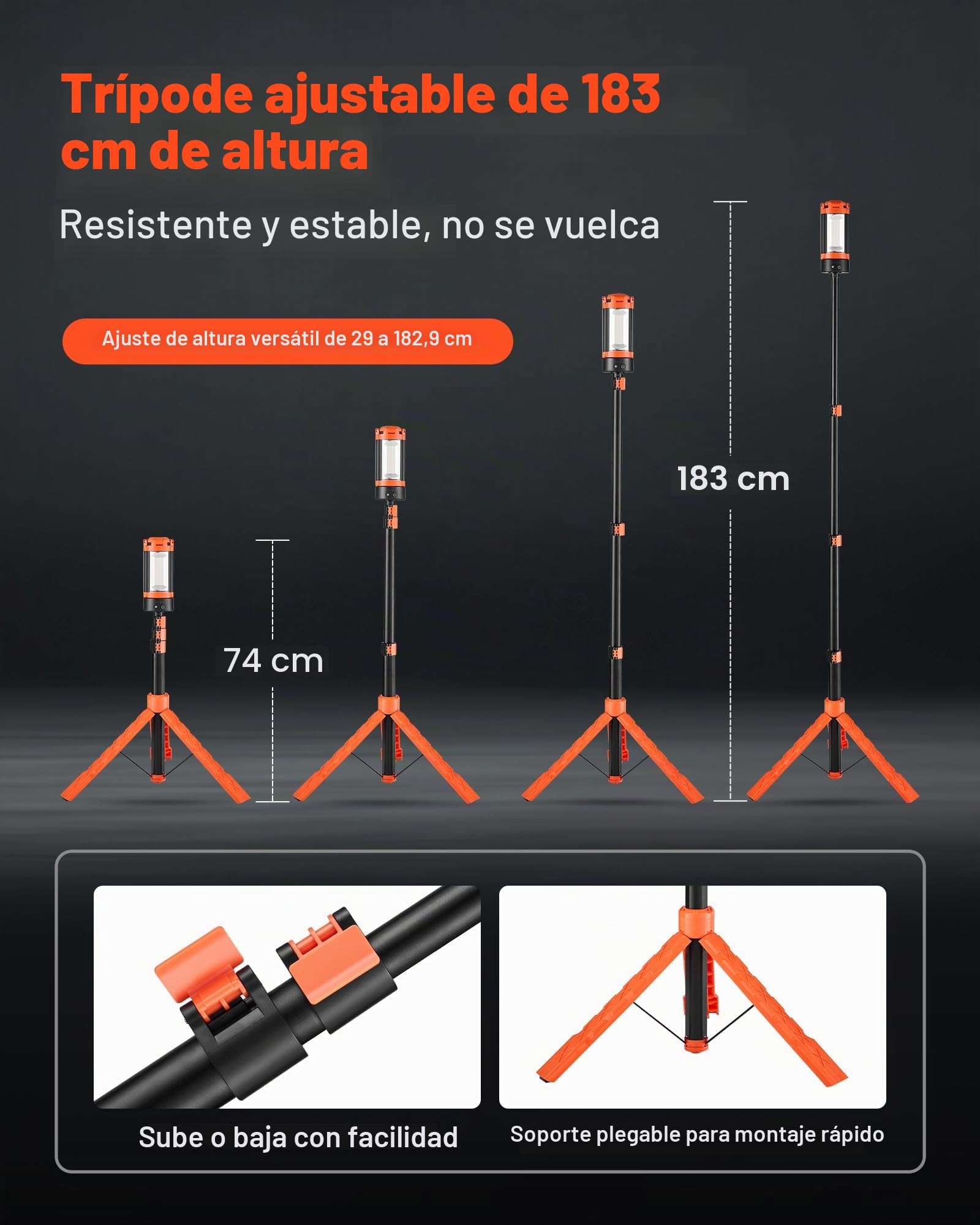 VEVOR Luz de Trabajo LED con Trípode 8 Ah, Foco Recargable de Trabajo con 3 Cabezales, Recargable, Inalámbrica, 2200 Lúmenes, 3000 K-6500 K, Iluminación Portátil para Obras de Construcción, Camping