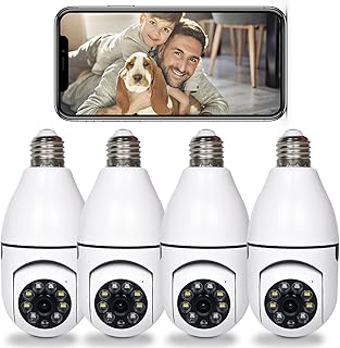 Wireless WiFi Light Bulb Camera, 360 Degree E27 Bulb Security Camera Outdoor, Home Surveillance Cameras System with Human Motion Detection and Alarm (White-4PC)