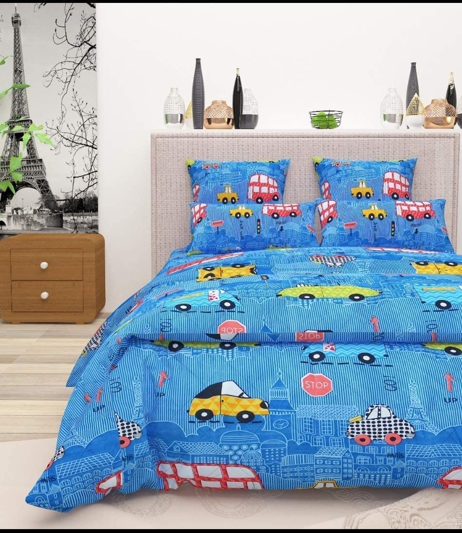 Ab Home Decor 221TC Kids Glace Cotton Cartoon Cars Printed Bedsheet for Double Bed King Size with 2 Pillow Covers (Multicolour, 90x100inch)-picture-47