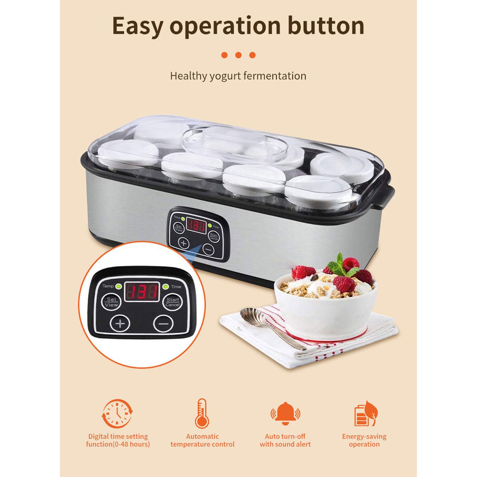 banapoy Fabricante Automático de Yogurt, 8 Tazas de Fabricante de Yogurt Griego Digital con Temperatura Automática y Control de Tiempo, Vino de Fruta para el Hogar Probiótico (EU)