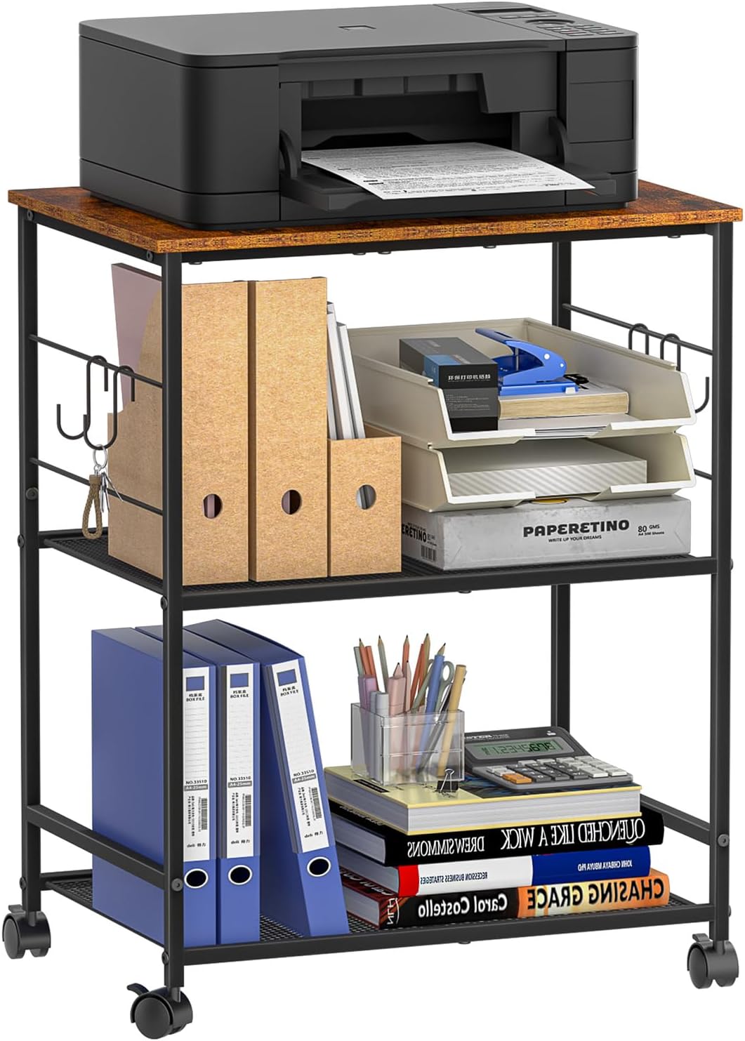 ThreeHio Printer Stand, 3Tier Printer Table with Wheels, Printer Cart with Storage Shelf, Printer Desk for Home Office Fax Machine Scanner, Rolling Cart for Kitchen, Laundry, Balcony, Living Room