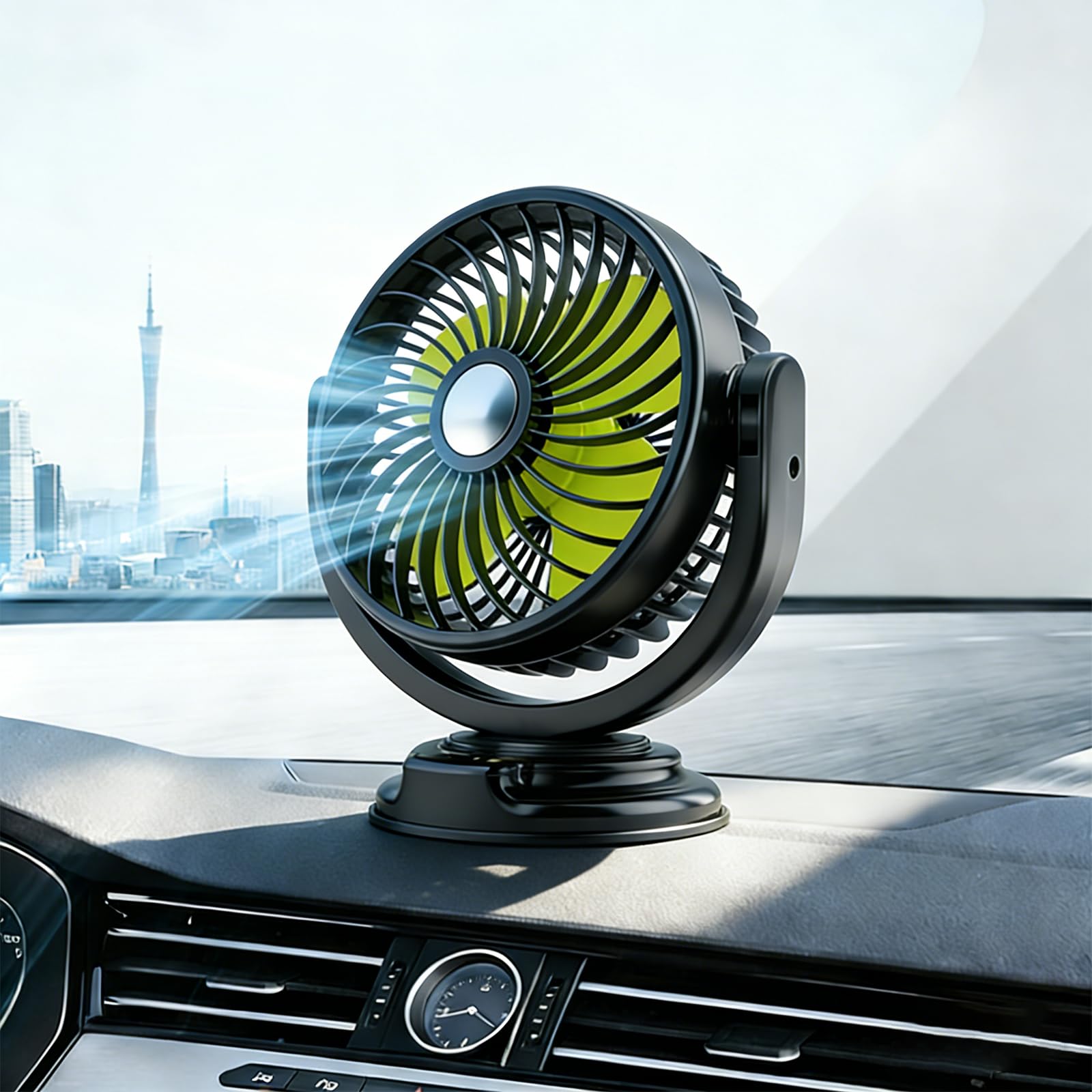 Ventilateur de voiture 12 V - Rotation à 360° - Pour tableau de bord - Ventilateur de table - Ventouse - Petit ventilateur pour camion SUV (tête unique)