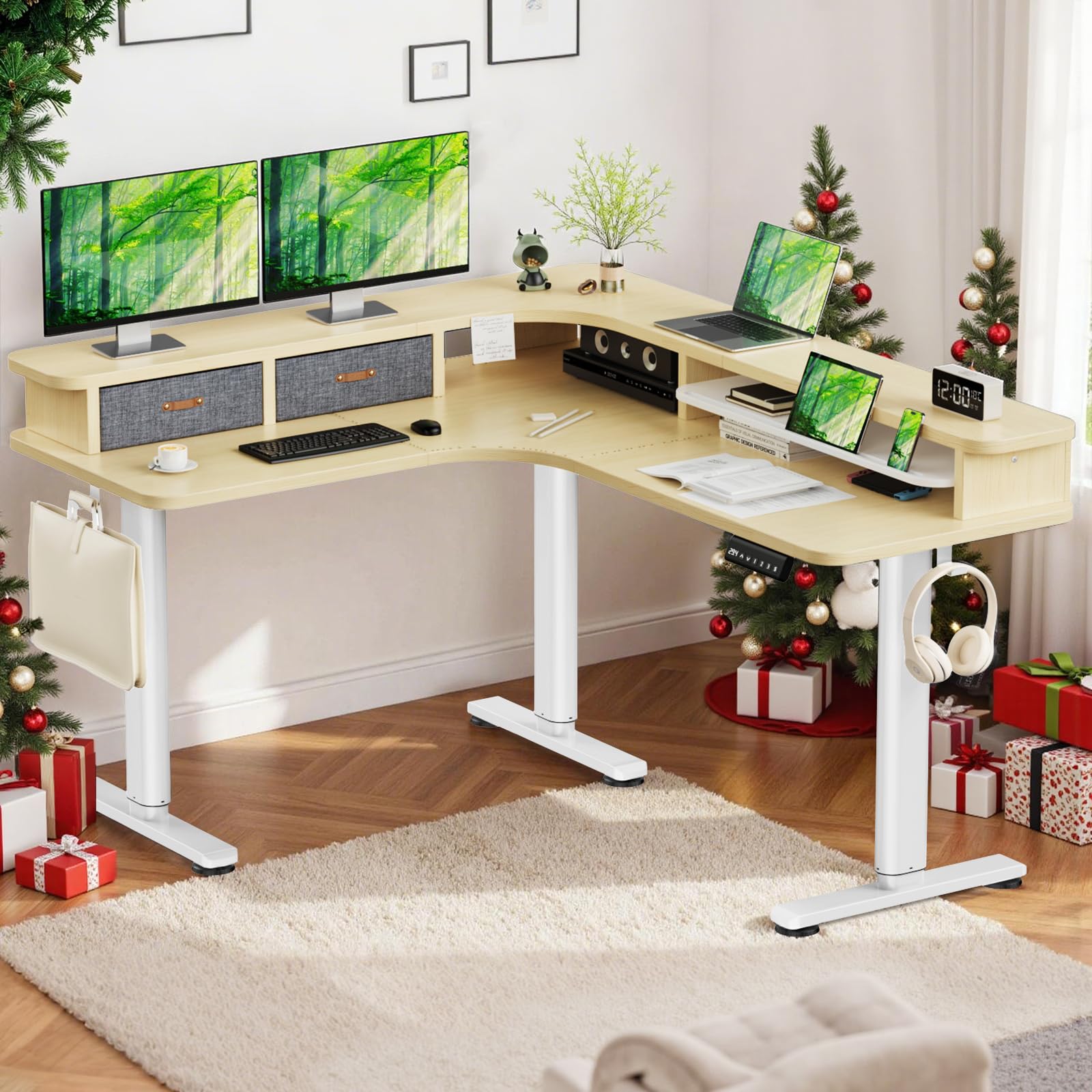 Flycity Electric L Shaped Standing Desk with Drawers, 63" x 55" Corner Standing Desk Adjustable Height, Stand Up Home Office Desk, Dual Motor Sit Stand Desk with 3 Memory Preset & Child Lock, Maple