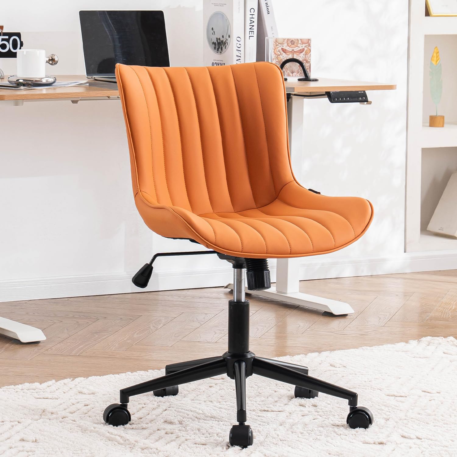 Kidol & Shellder Home Office Chair Swivel Armless Desk Chair Faux Leather Upholstered Office Computer Chair Modern Swivel Rocking Desk Chairs with Adjustable Tilt Angle, Camel