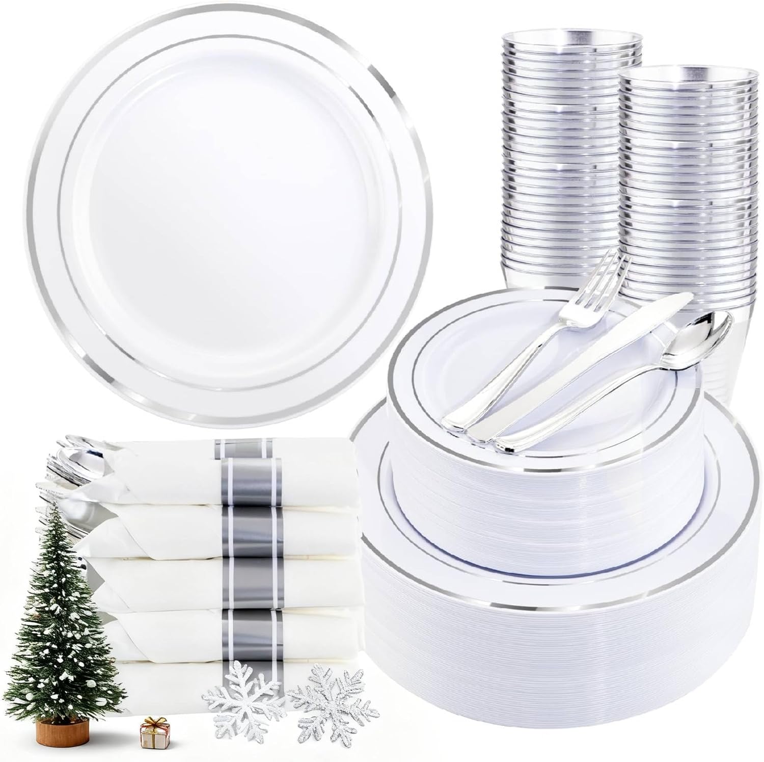 350Piece Silver Plastic Dinnerware Set for 50 Guests