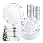 WDF Partyware 350Piece Silver Plastic Dinnerware Set for 50 Guests - Silver Plastic Plates with Cutlery Include:50Dinner Plates-50Dessert Plates-50Pre Rolled Napkins with Silverware for Christmas