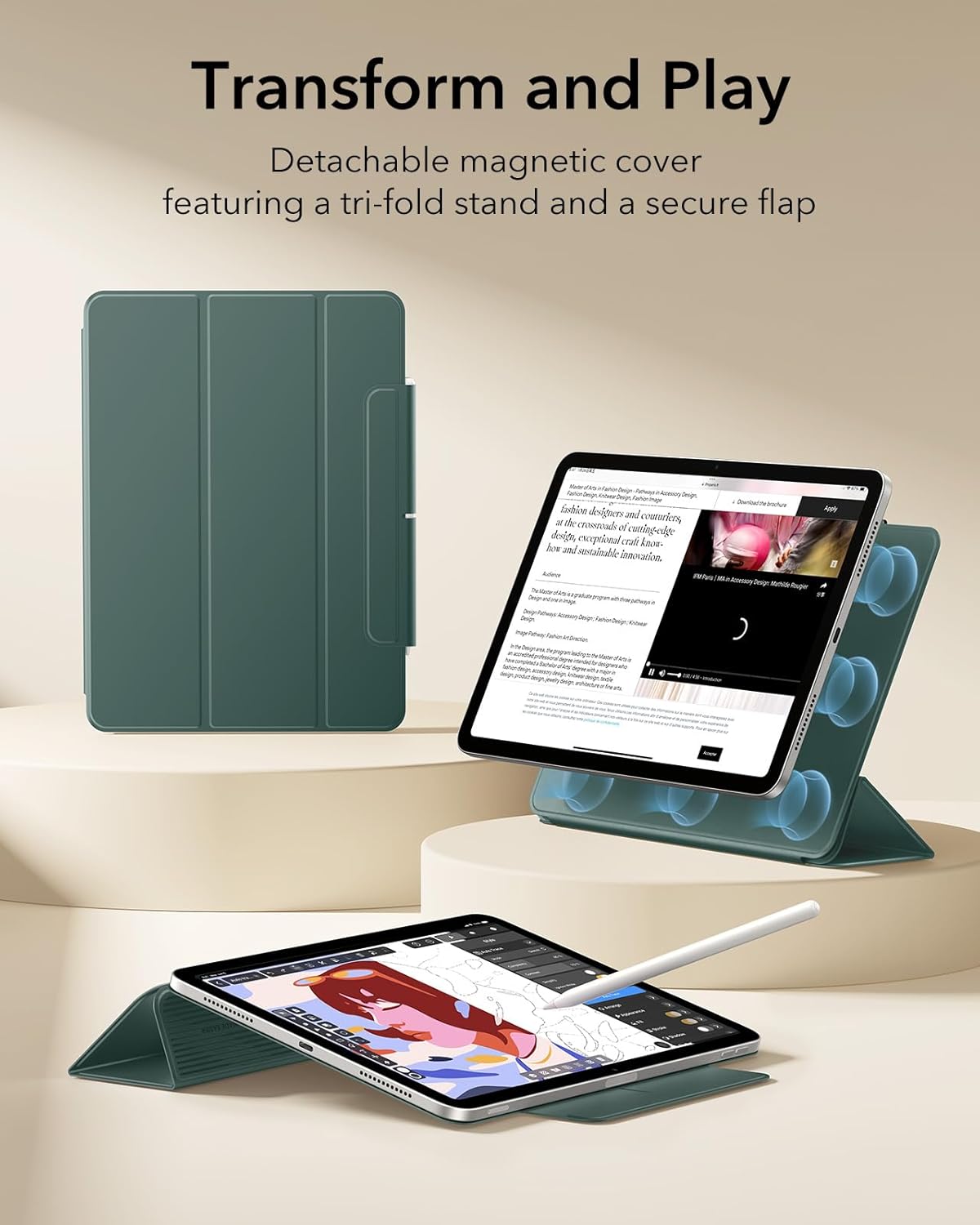 ESR for iPad Air 11 Inch Case M4/M3/M2 (2026/2025/2024), iPad Air 5th/4th Gen (2022/2020), Powerful Magnetic Attachment, Slim Trifold Stand Case, Auto Wake/Sleep, Durable Protection, Forest Green