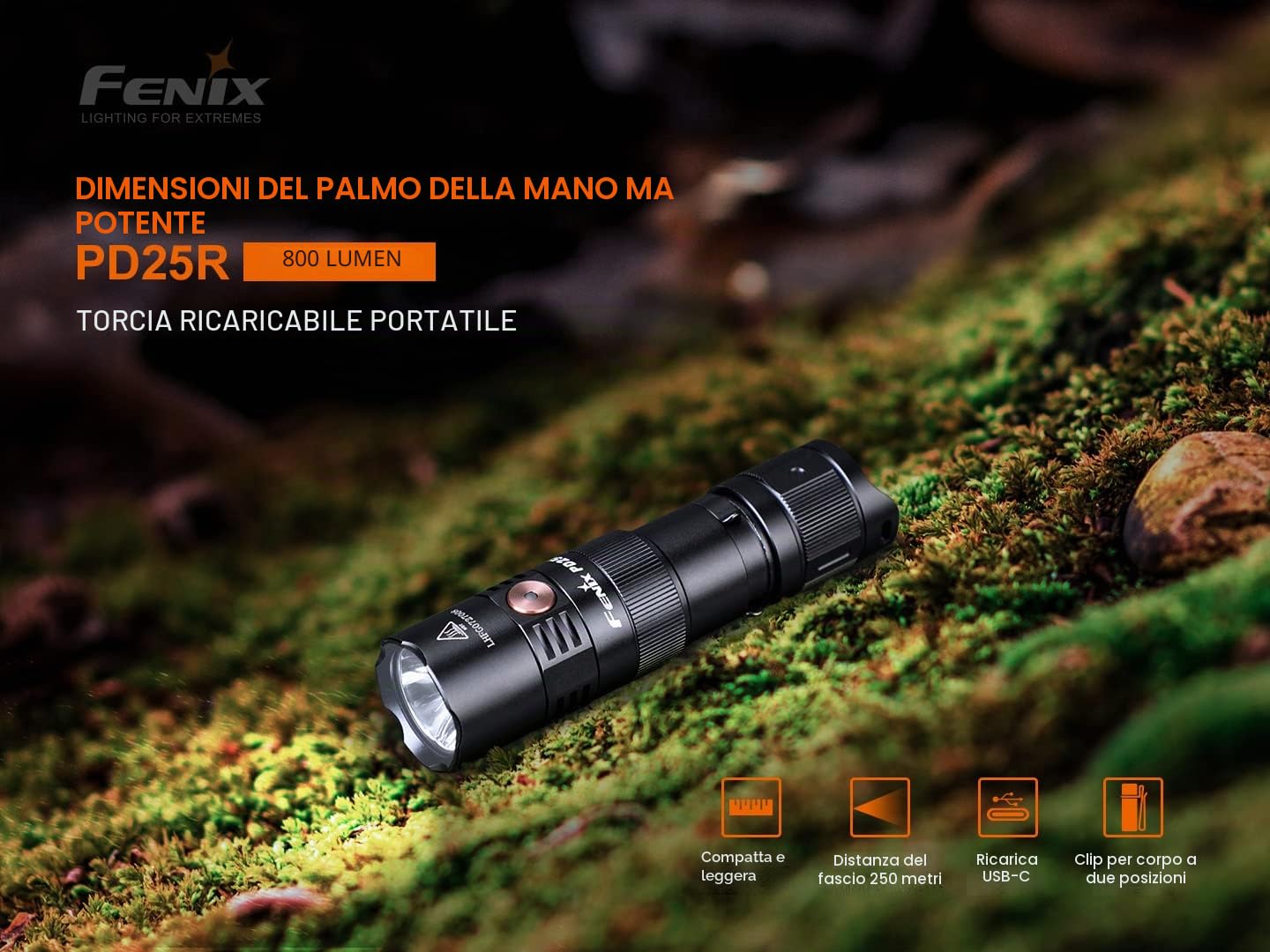 FENIX PD25R - Mini torcia LED multifunzione ricaricabile, 800 lumen, 250 m, 70 ore massime, 700 mAh, USB-C, clip corpo a due posizioni, IP68