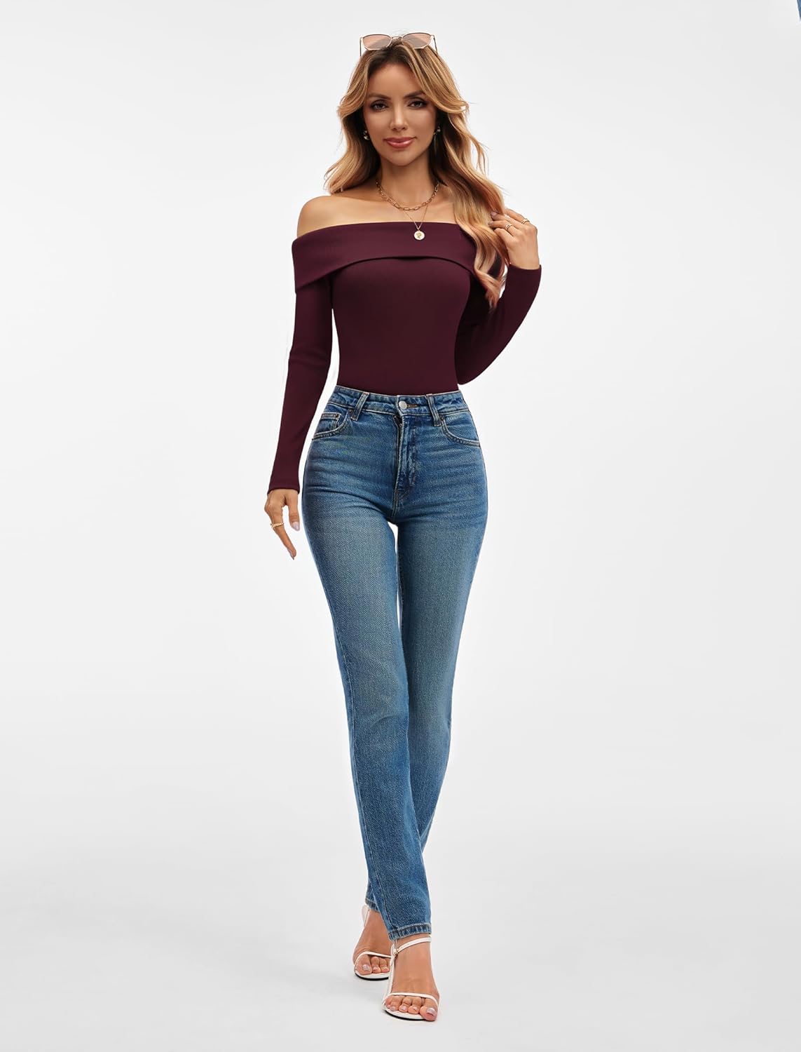 Women’s Off Shoulder Long Sleeve Ribbed Tops Fitted Basic Shirts Soft Stretch Slim Going Out Tops - Image 8