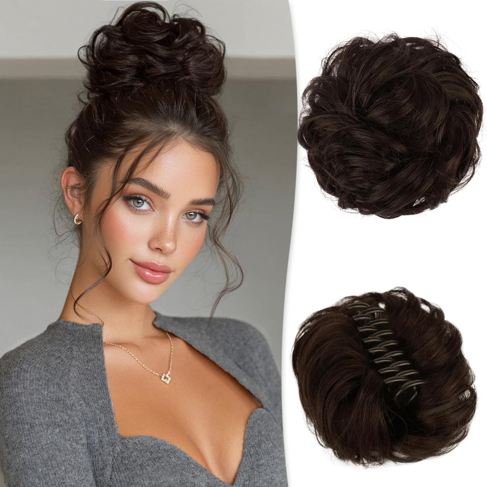 Photo 1 of RUWISS Claw Clip Messy Bun Hair Piece 100% Real Human Hair Buns Wavy Curly Chignon Hair Bun Extensions Tousled Updo Hair Buns Claw Clip Ponytail Hairpieces(Dark Brown with 15% Dark Cocoa Blonde)