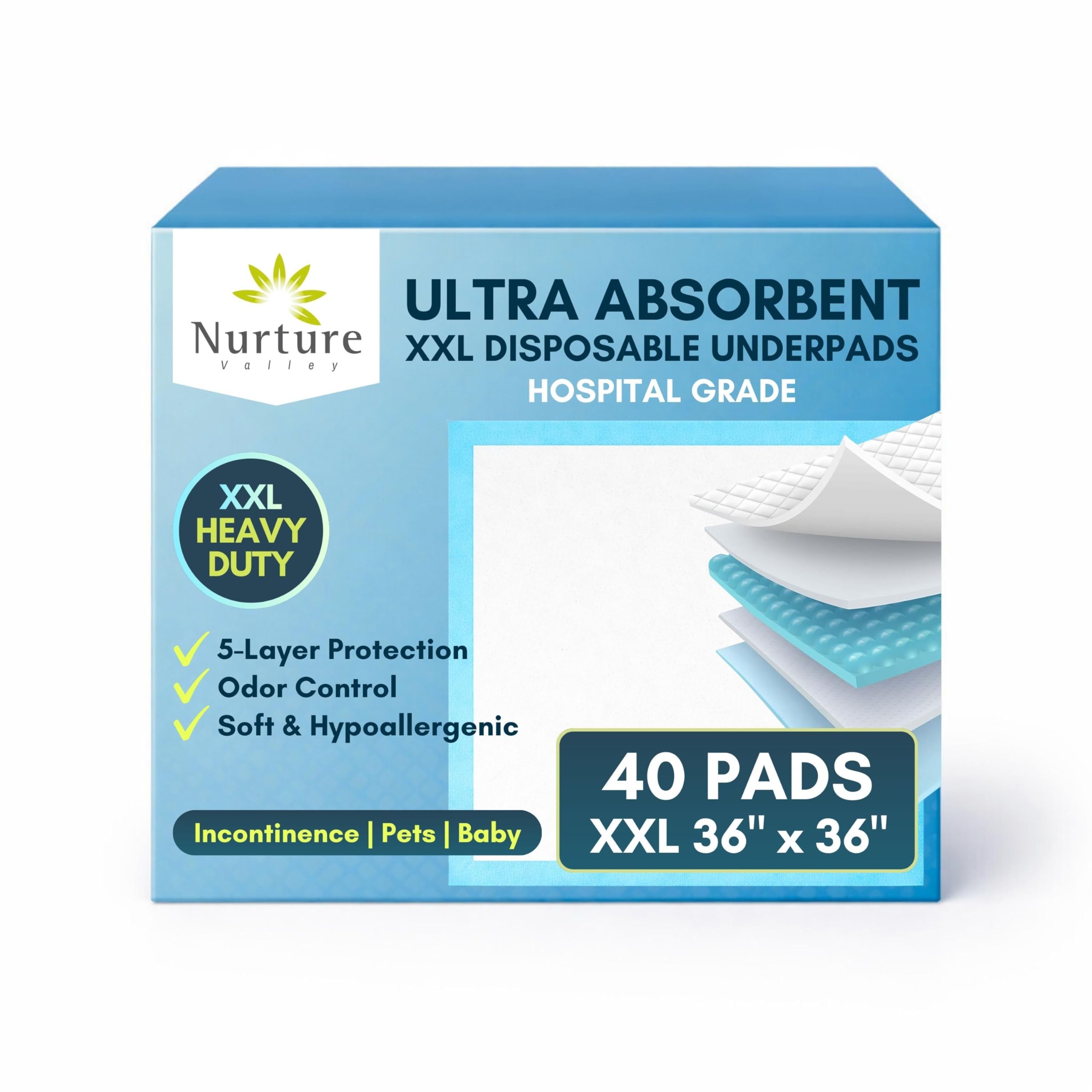 40 XL 36 x 36 Heavy Duty Ultra Absorbent Bed Pads w/ Adhesive by Nurture | Disposable Chux Liners, Underpads, Adult Incontinence Hospital Grade Chucks