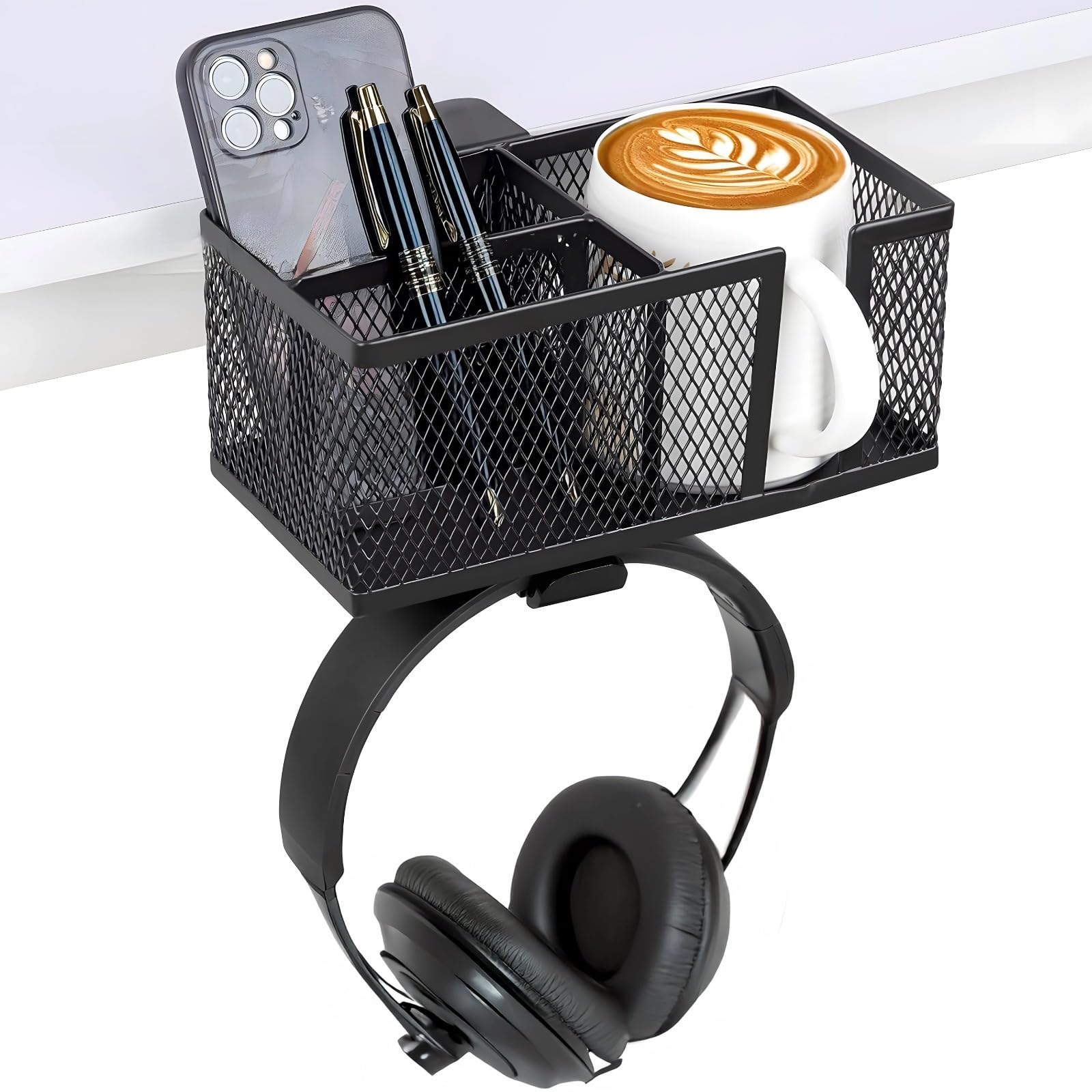 Mount Getränkehalter, 3-in-1-Schreibtisch, auslaufsicher, Becherständer für Zuhause, Büro, Schreibtisch, Becherhalter, Aluminium, Klemme mit Ablageschale und Kopfhörerhaken, mit Handy-Ständer
