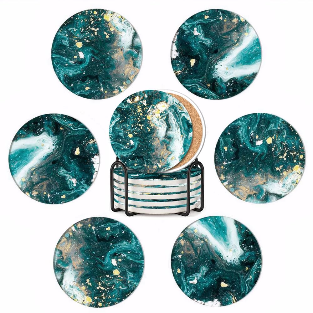 Aieino Drink Coasters Set of 6 with Stand Cork Base 10cm Coaster Absorbent