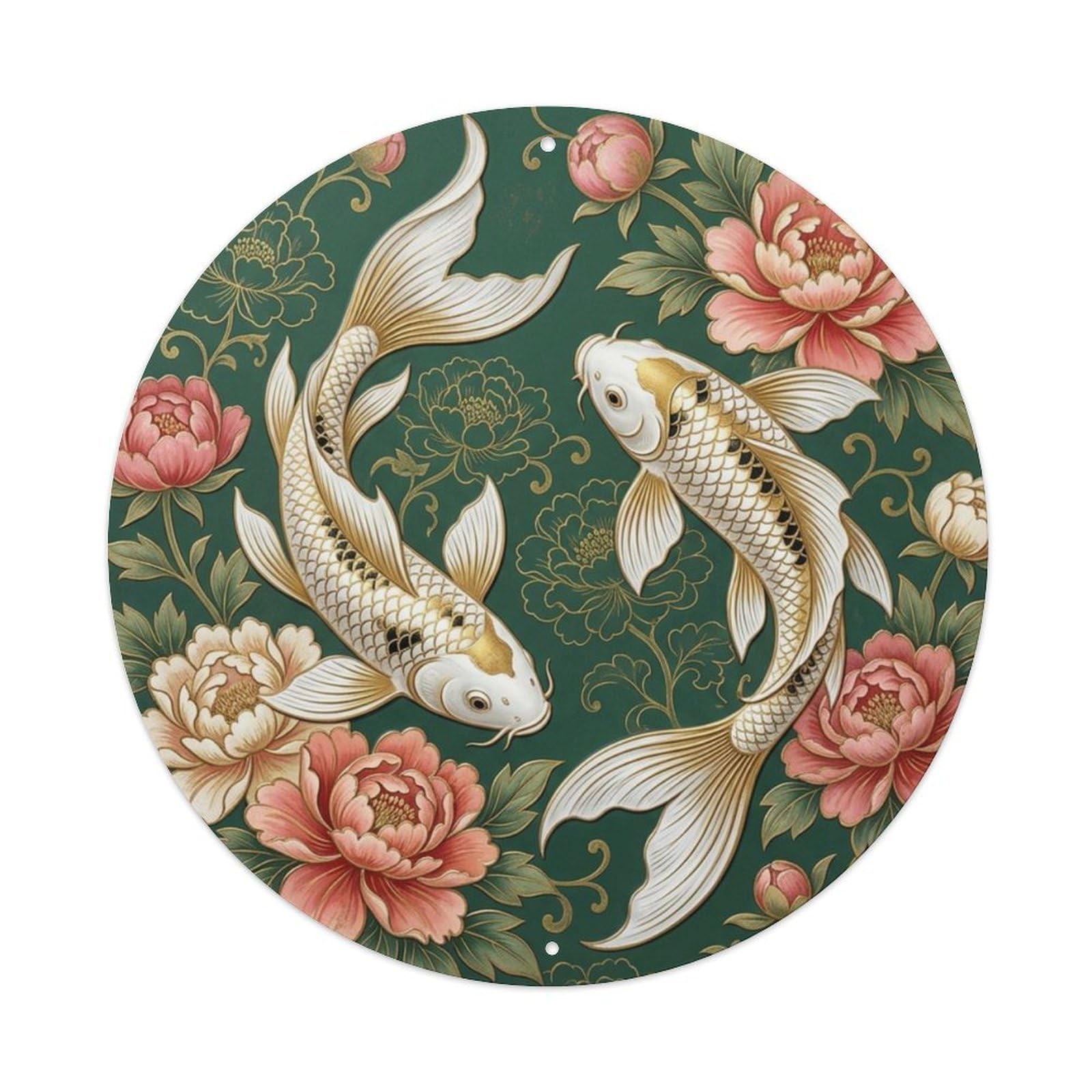 Fqcyn Style Koi Fish Peony Prosperity Garden Entryway Metal Tin Sign Plaque Wall Decor For Cafe, Club Bar, Office, Home Garden Round Metal Poster 8X8inch