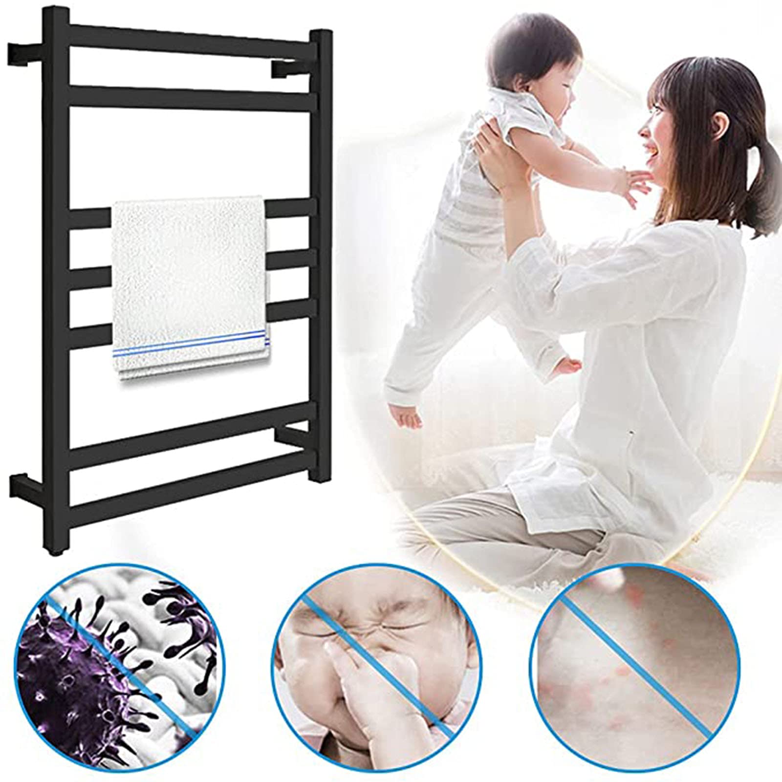Radiatore Portasciugamani Riscaldato Elettrico per Bagno, Scaldasalviette in Acciaio Inossidabile Nero con Interruttore Impermeabile, Portasciugamani Caldo a Parete a 7 Barre, 825X600x120mm, Plug In