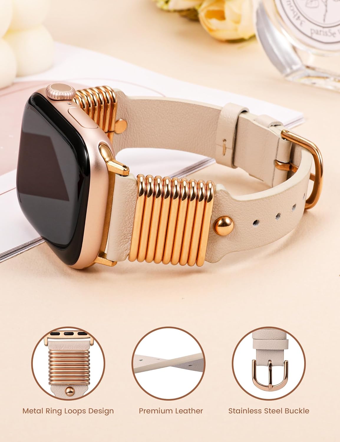 Wearlizer Leather Band Compatible with Apple Watch Bands Women 38/40/41/42/44/45/46/49mm, Slim Dressy Fancy Designer Strap with Metal Ring Loops for iWatch Series 11 10 9 8 7 6 5 4 3 SE/Ultra 3 2 1 - Image 4