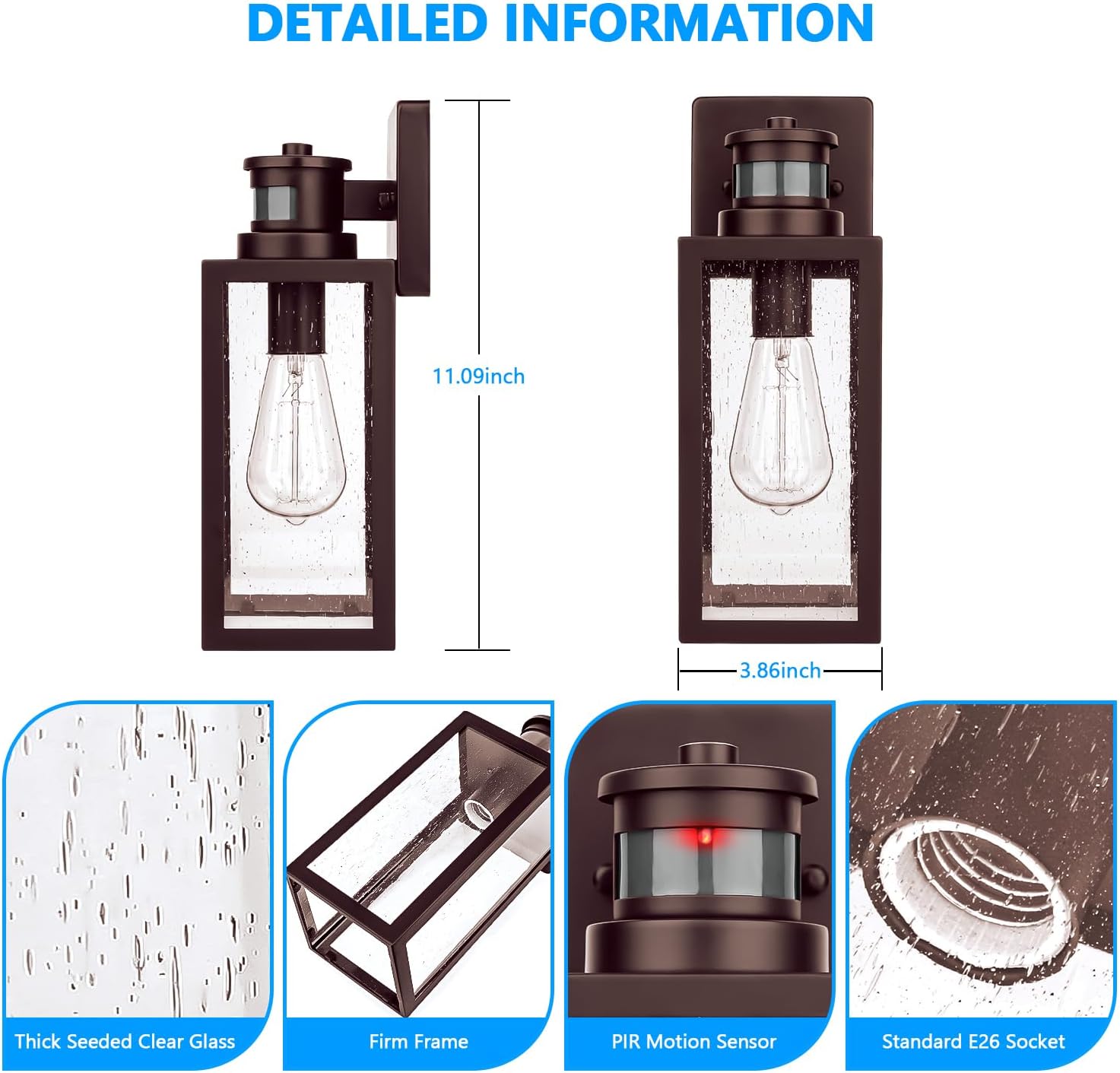2-Pack Motion Sensor Outdoor Wall Lights, Dusk to Dawn Exterior Wall Sconces Lanterns with Seeded Glass, Waterproof Porch Light Fixtures Outside Lights for House Front Door Entryway Garage, Brown