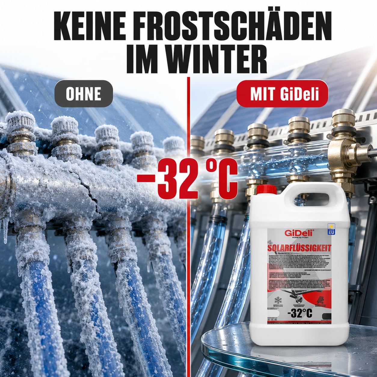 GiDeli Liquido solare da 5 l, antigelo, miscela pronta fino a -32 °C, glicole propilenico atossico, protezione affidabile contro la corrosione, massima efficienza termica, ideale per termica, casa e
