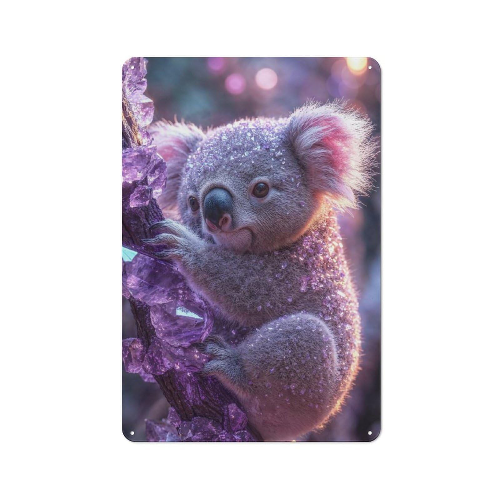 Junmoney Koala With Purple Crystals Rustic Metal Wall Sign 30X20cm For Café Or Restaurant, Gift Idea At Christmas For Café Owners And Decorators