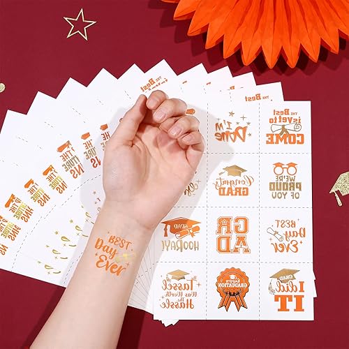 Miniatura 10 de 12 hojas de tatuajes temporales de graduación, color burdeos y dorado, purpurina metálica, recuerdos de fiesta de graduación 2023, felicitaciones,