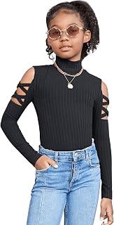 Girl's Mock Neck Long Sleeve Ribbed Knit Top Criss Cross Cut Out Tee Shirt