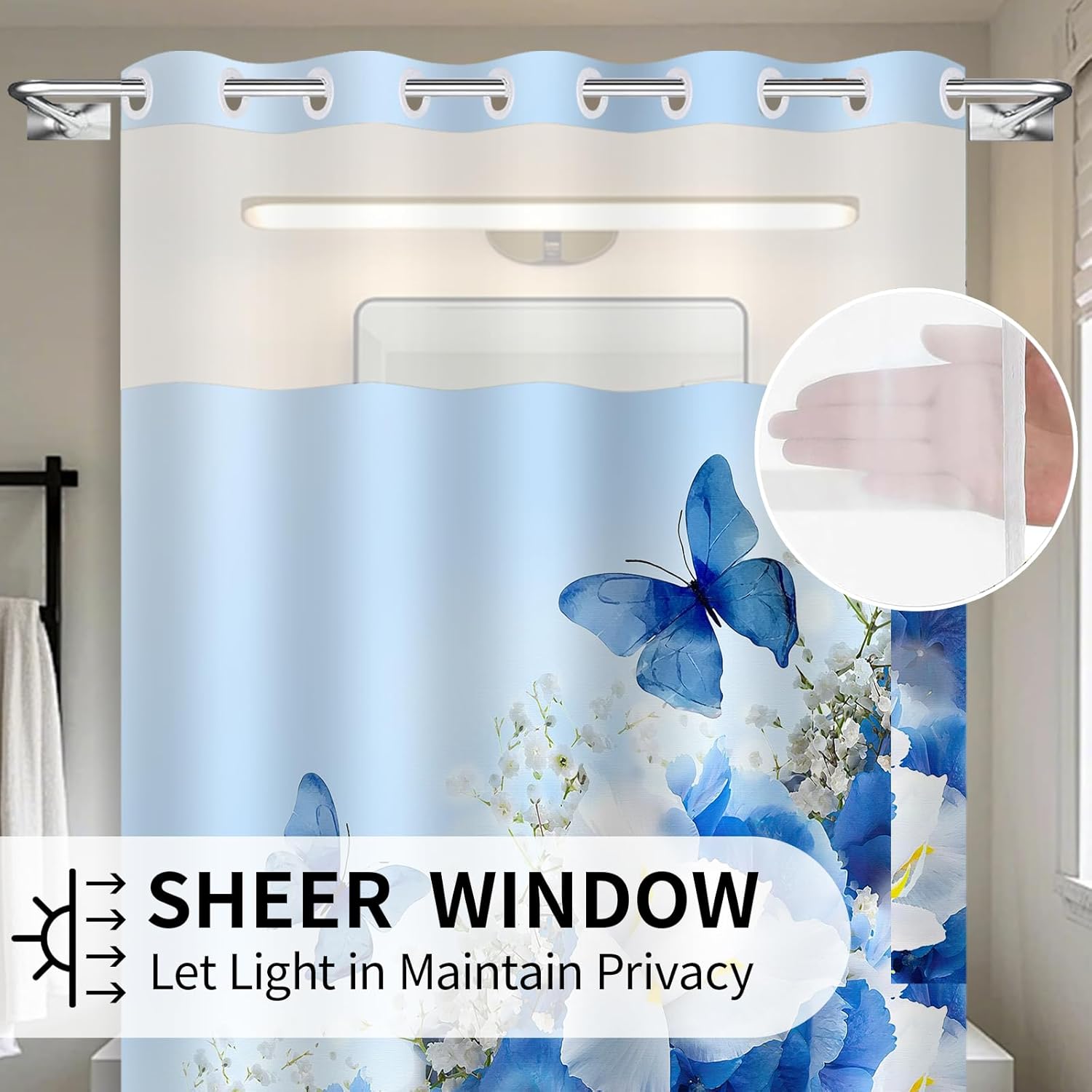 No Hook Nature Shower Curtain with Snap in Fabric Liner Set,Bule Flowers and Butterfly Shower Curtains for Bathroom Clearance,Double Layers Waterproof,71x74 in