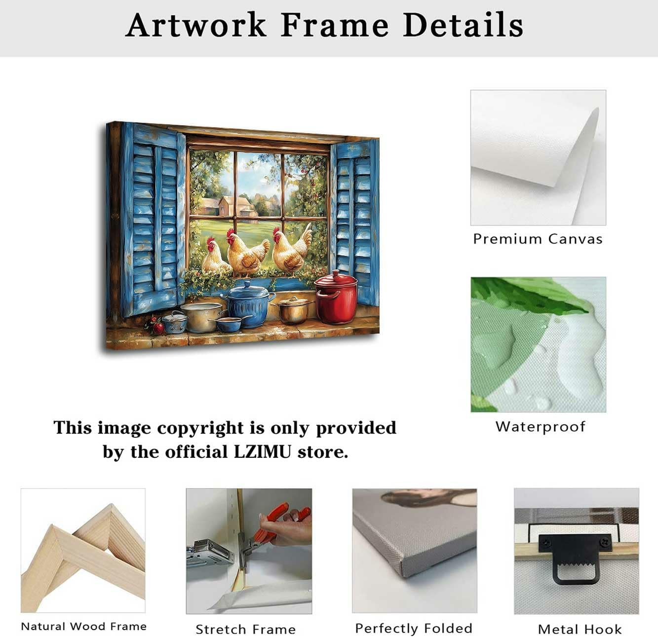 LZIMU Rooster Kitchen Wall Art Chicken Picture Cock in Blue Window Painting Poster Country Farm Coop Canvas Prints Rustic Farmhouse Vintage Animals Artwork Home Decor (16L x 24W)