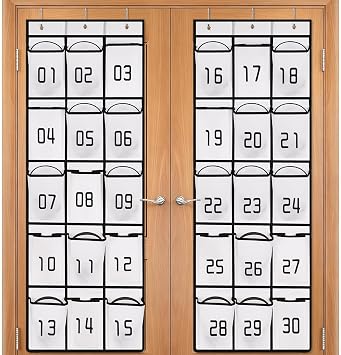 Loghot 2 Pack Classroom Headphone Storage Organizer, 30 Pockets Wall Hanging Numbered Headphone Holder, Over The Door Classroom Pocket Chart for Headphones, Cell Phone, School Supplies White