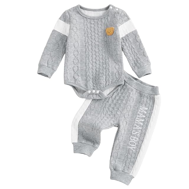 Kayotuas Newborn Baby Boy Outfit Mamas Boy Baby Clothes Cute Bear Embroidery Long Sleeve Romper Pant Set Fall