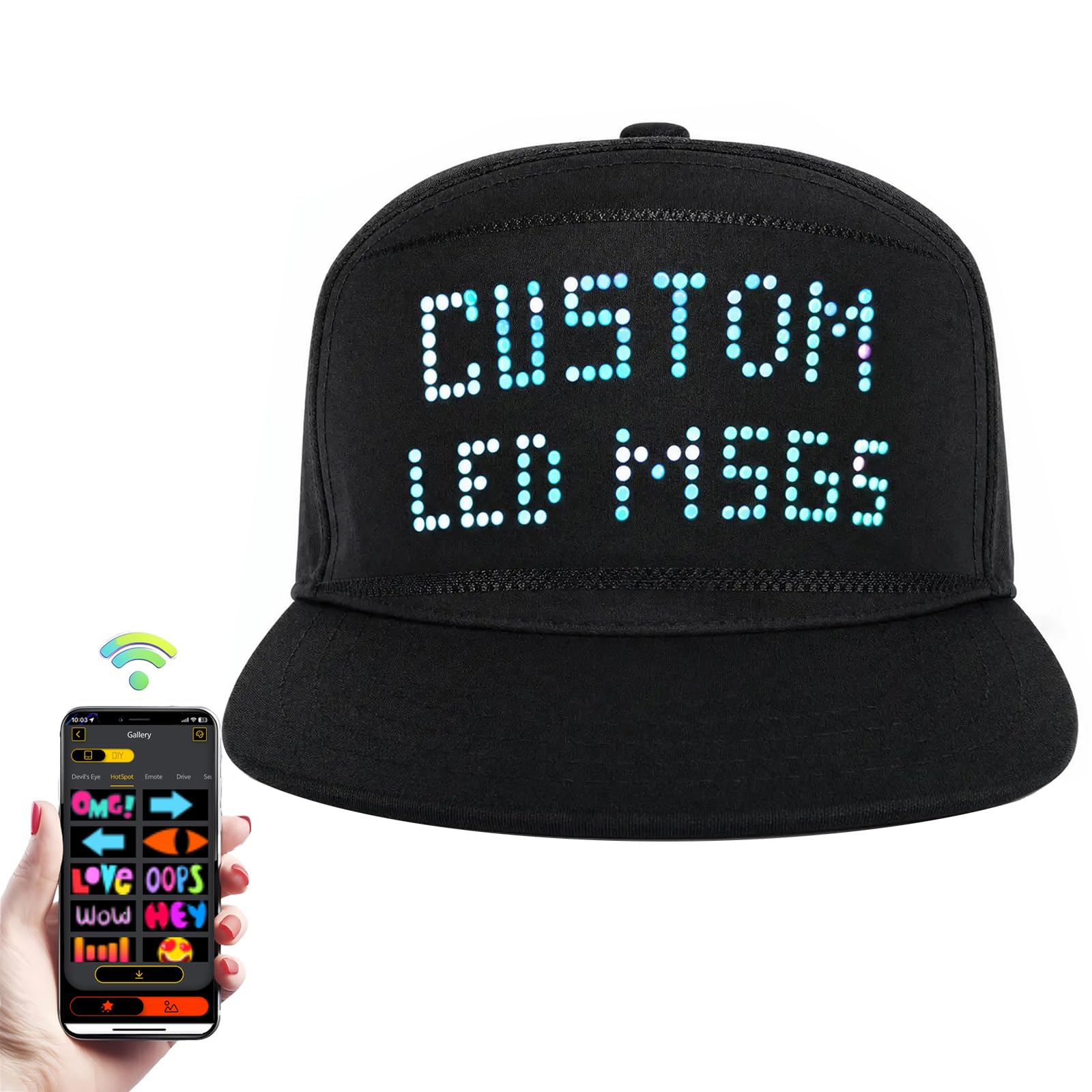 LED Hat Programmable LED Scrolling Messages Display Light Up | Customizable DIY Display Light Up with Bluetooth for Birthday Hip-Hop Popping Breaking Locking Skater Team Spirit, Flat Brim