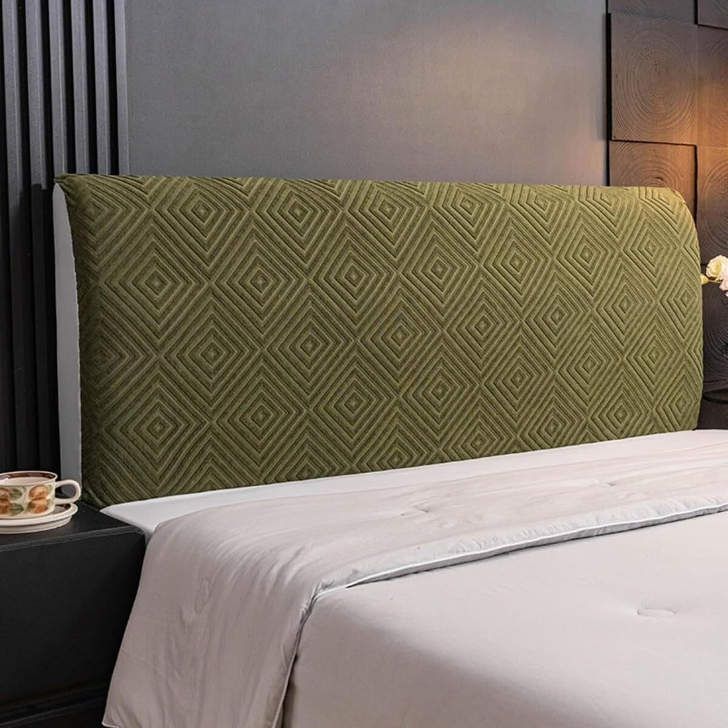 Stretch Headboard Cover for Full Queen King Size,Jacquard Curved Bed Headboard Slipcover Anti Slip Dustproof Protector Cover for Bedroom Decor(Olive Green,King:190-210cm/75-82in)