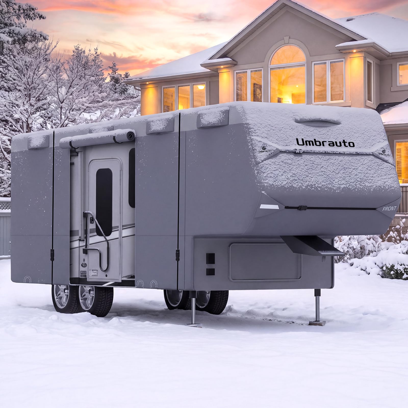 Umbrauto 5th Wheel RV Cover Fits 34-37ft, 9 Layers Top Sunblock Waterproof Breathable Camper Covers Travel Trailer Motorhome with 3 Pcs Extra Straps & Gutter Covers