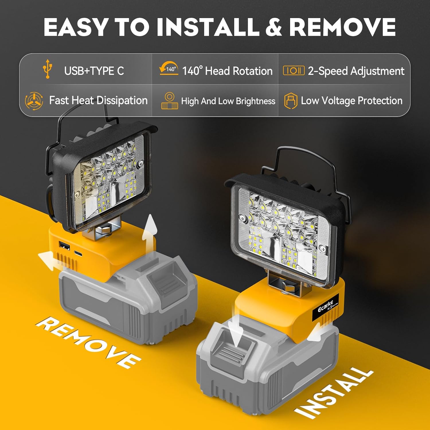 Ecarke Cordless Handheld Flashlight Compatible with DeWalt 20V Battery LED Work Battery Light - 20W 2000LM Tools for Outdoor, Fishing, Gift, Job Site&Security Lighting(Battery Not Included, Only Tool)