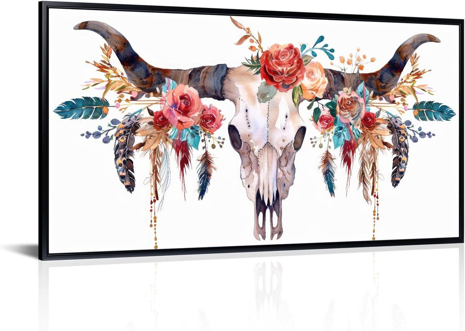 iLOOKLiKE Bull Skull Canvas Wall Art Western Longhorn Skull with Flowers Feathers Pictures Painting Bison Cow Wildlife Artwork Black Floater Frame for Home Farmhouse Country Decoration 20"x40"
