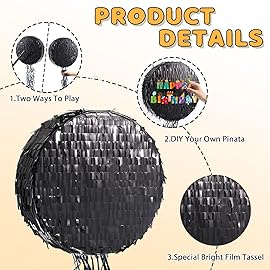 WERNNSAI Black Round Pinata for DIY - Halloween Black Moon Pinata for Kids DIY Birthday Party Disco Decoration for Adult Night Party Supplies with Confetti Bat Blindfold, 12.2x 12.2