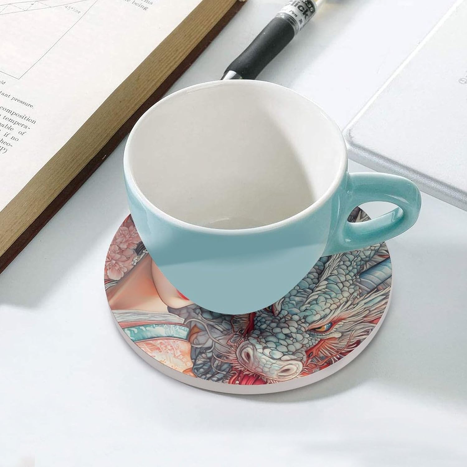 Geisha Woman and Dragon Funny Round Ceramic Coasters for Drink Absorbent Cup Holders Tabletop Protection