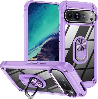 for Google Pixel 9 Pro XL Case Military Grade Pixel 9 Pro XL 6.8 Transparent Phone Case Rugged Shockproof Heavy Duty Protective Cover Kickstand Magnetic Ring Holder for Google 9 Pro XL-Purple