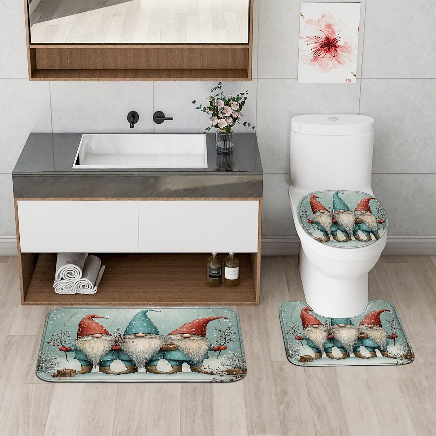 4PCS Winter Christmas Gnome Bathroom Sets, Bath Accessory with Non-Slip Rug, U Shape Toilet Lid Cover Mat, Snow Forest Xmas Scenery Bathroom Decor-72''x72''