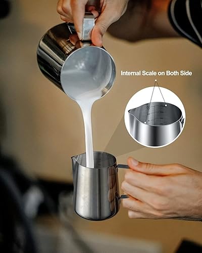 Miniatura 4 de Jarra de espuma de leche de acero inoxidable de 20 onzas, medidas en ambos lados, accesorios para máquina de espresso, taza de arte latte con mango
