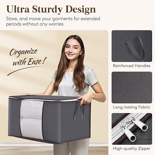 Miniatura 4 de Lifewit Paquete de 3 bolsas de almacenamiento de ropa, cubos de almacenamiento para ropa, mantas, edredones, almacenamiento de ropa plegable con asa