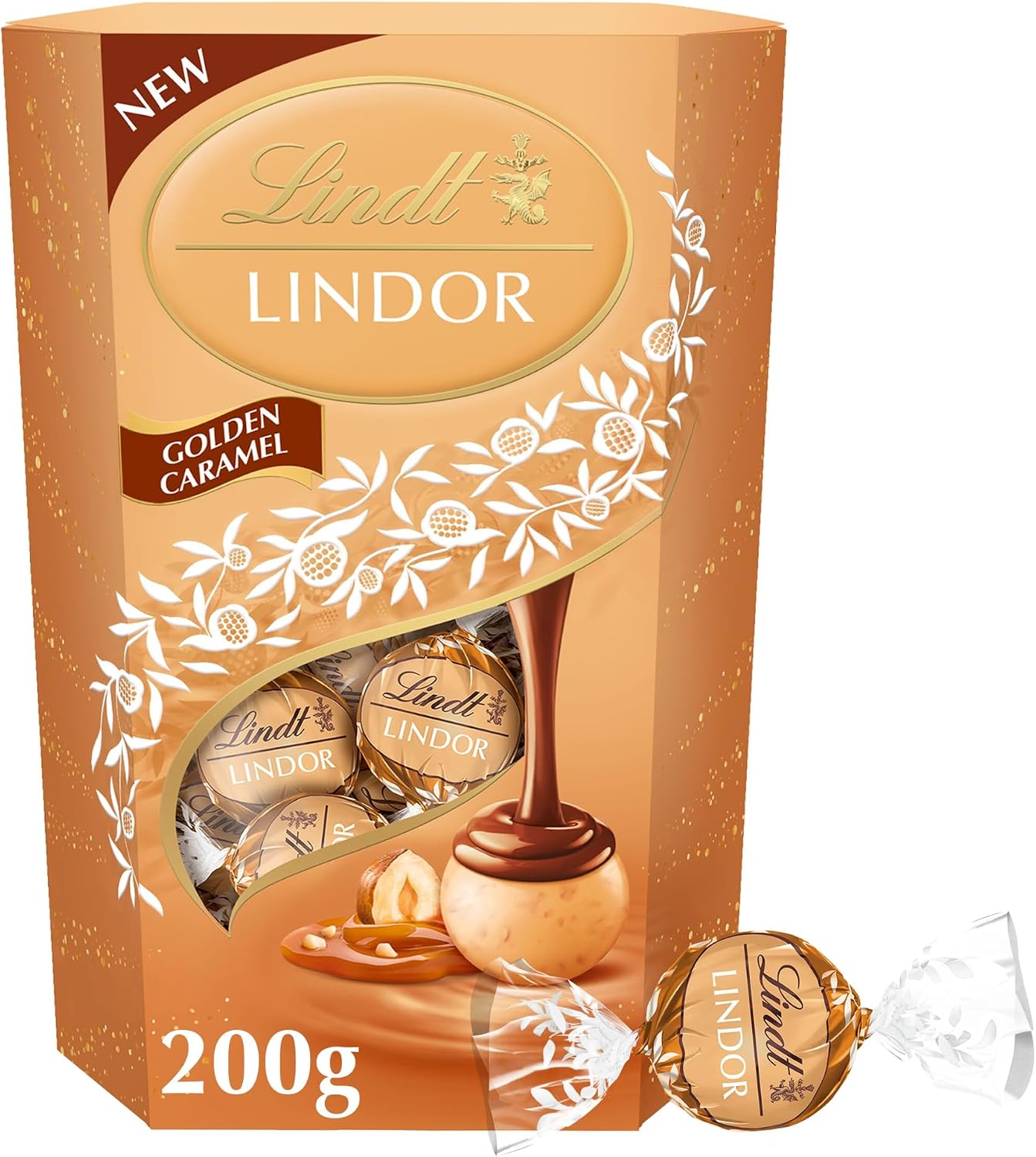 Lindt Lindor Golden Caramel e Nocciola, Praline di Cioccolato Bianco al Caramello e Nocciole, Confezione da 200g