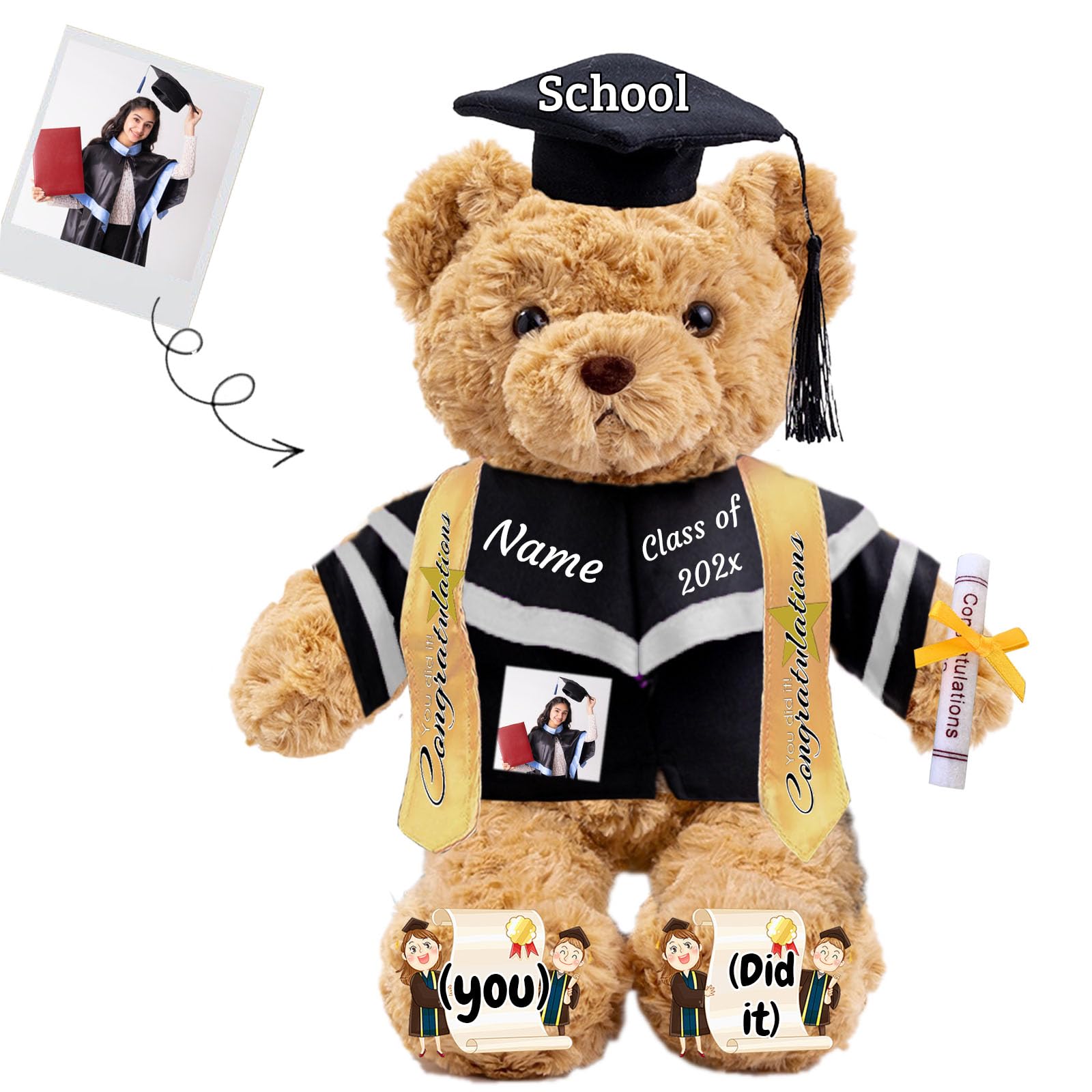 JABECODIFA Graduation Gifts 2025 Teddy Bear with Text+Photo, Personalised Bear Plush Toys as Graduation Gifts for Her Him as High School College Kindergarten Graduation Day (13 IN-Text+Photo)
