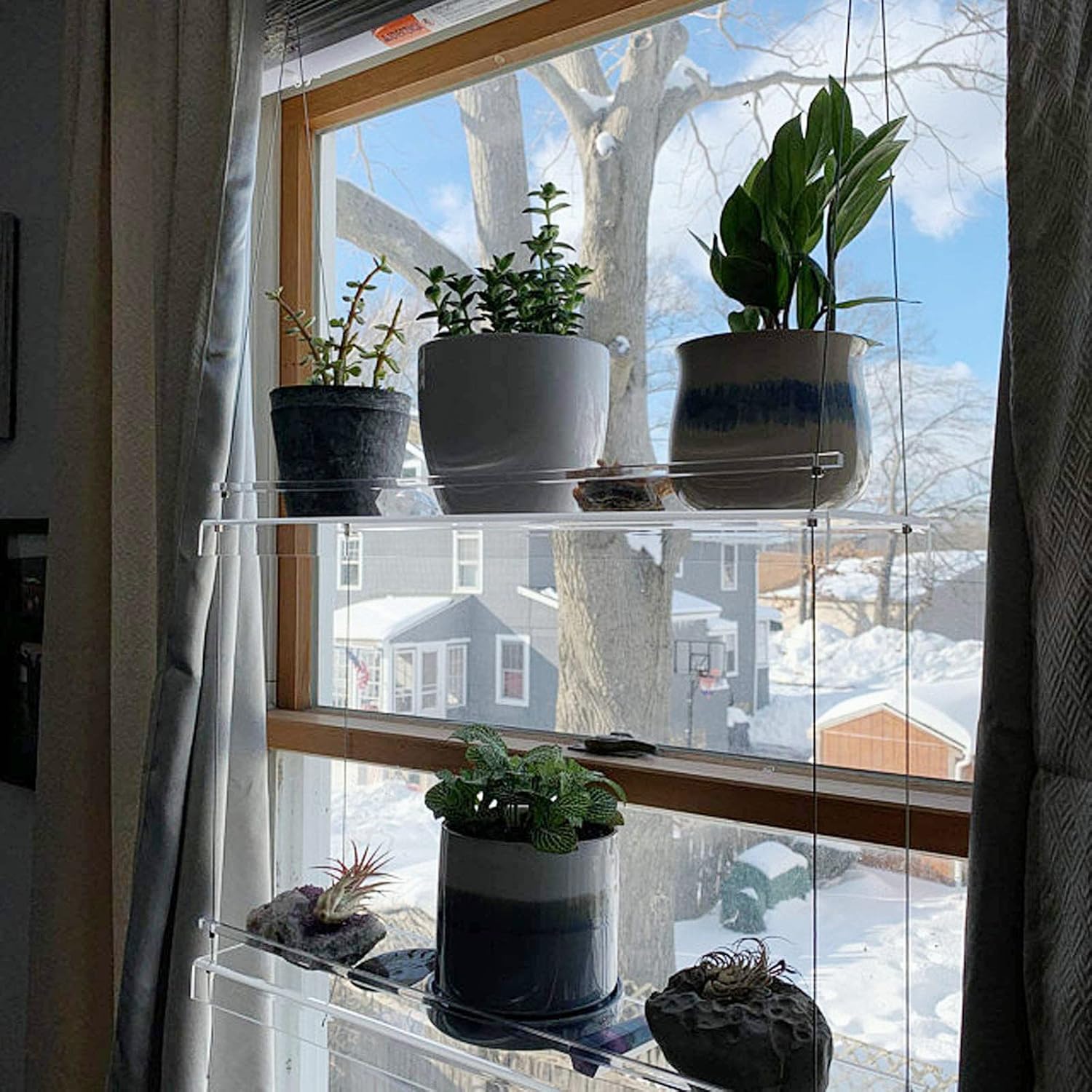 Multi Tier Window Plant Shelf, Clear Hanging Wall Shelves with Rope, Indoor Transparent Hanging Planter Shelf Displays Storage Rack, Floating Wall Hanger Shelves Hanging Shelf for Living(Two Tier)